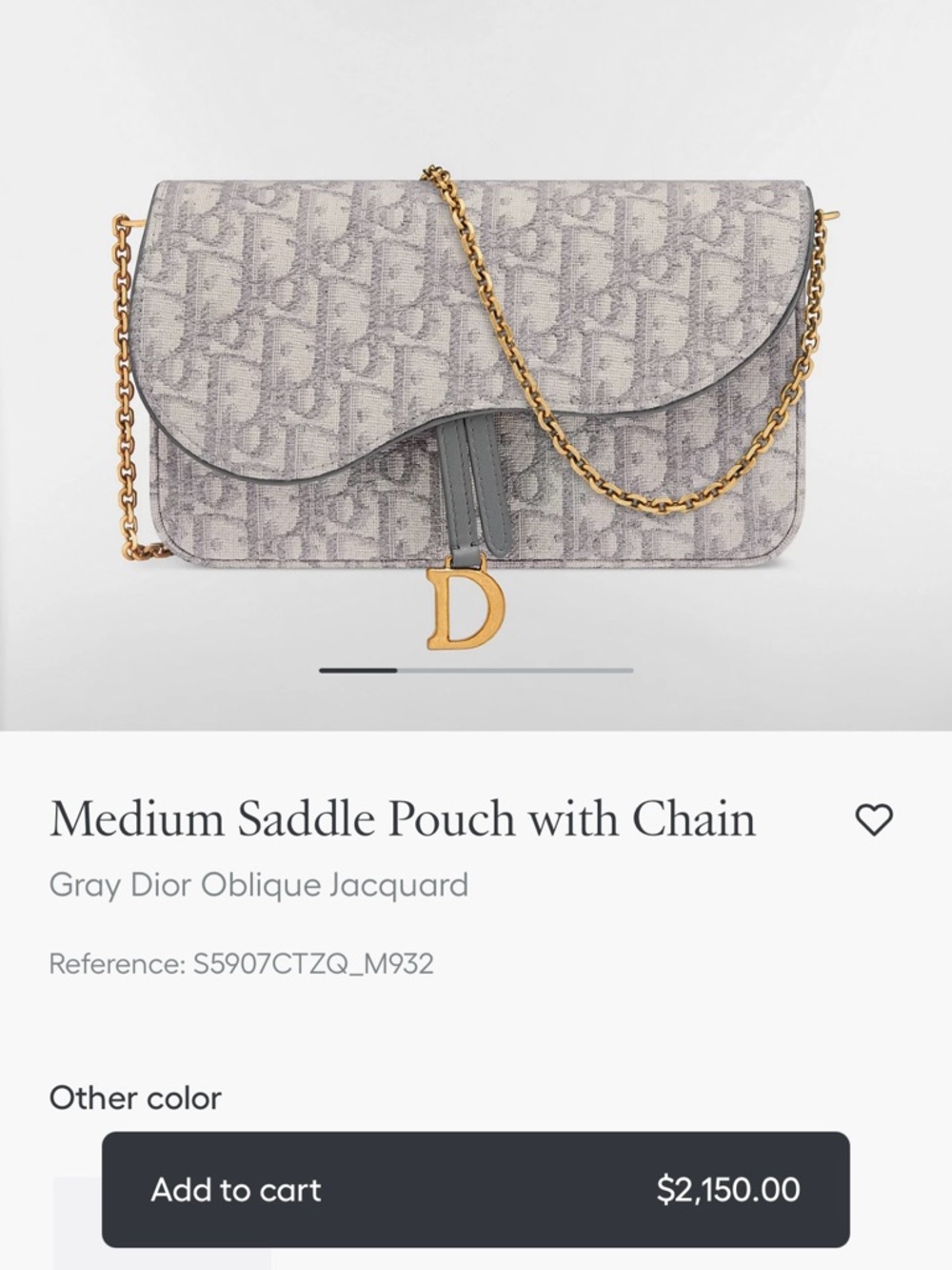 Dior Medium Saddle Pouch with Chain
Gray Dior Oblique Jacquard